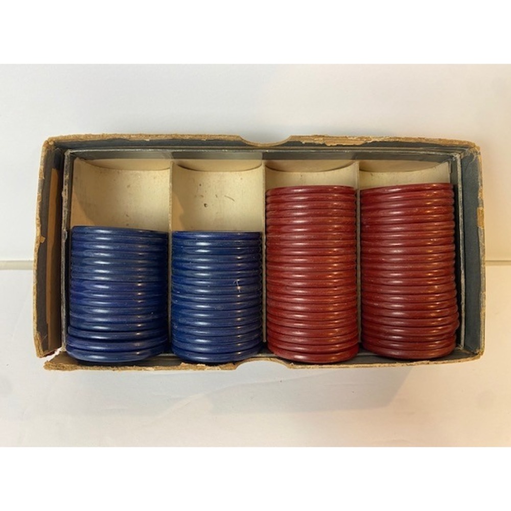 Antique US Clay Poker Chips Embossed Dragon Red Blue Set Original Box 76 Count
